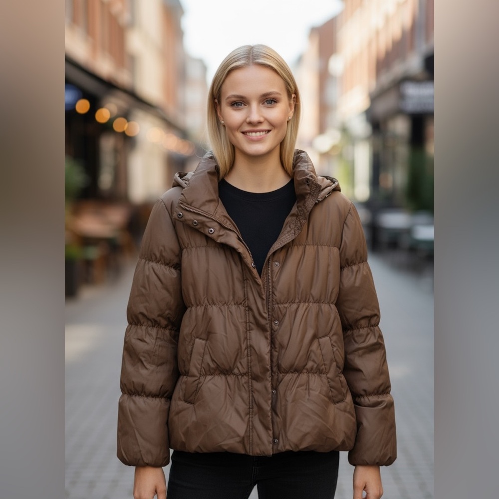GAP Brown‎ Puffer Jacket Coat XL Women Hood  Winter Hiking Cowgirl Pocket Zipper